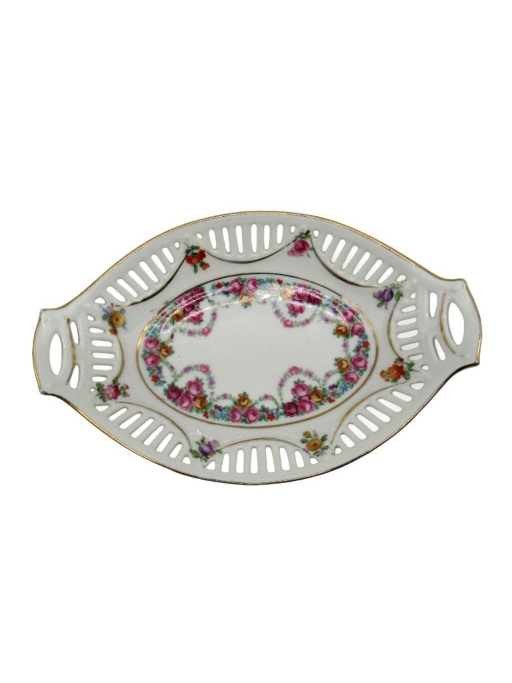 German Floral Rose Oval Reticulated Ceramic Candy Dish Vintage